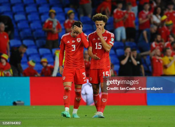 Wales' Ethan Ampadu and Neco Williams look dejected at the final whistle during the UEFA EURO 2024 qualifying round group D match between Wales and...