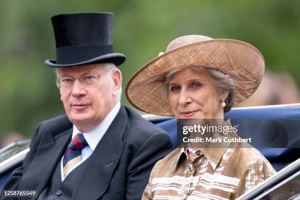 Prince Richard, Duke of Gloucester and Birgitte, Duchess of Gloucester travel down The Mall in a horse drawn carriage during Trooping the Colour on...