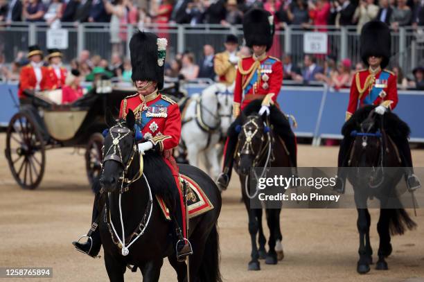 King Charles III, Prince William, Prince of Wales, Prince Edward, Duke of Edinburgh on horseback during Trooping the Colour at Horse Guards Parade on...