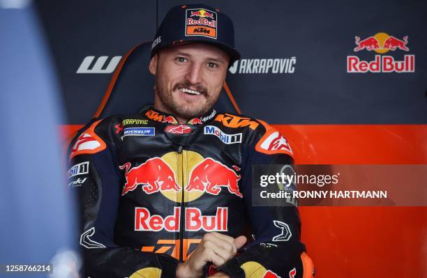 Red Bull KTM Factory Racing Team's Australian rider Jack Miller sits in his box during the free practice for the MotoGP German motorcycle Grand Prix...