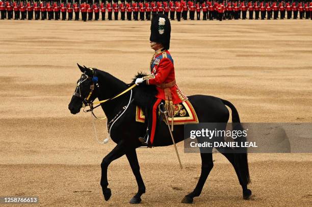Britain's King Charles III attends the King's Birthday Parade, 'Trooping the Colour' on Horse Guards Parade, in London on June 17, 2023. The ceremony...
