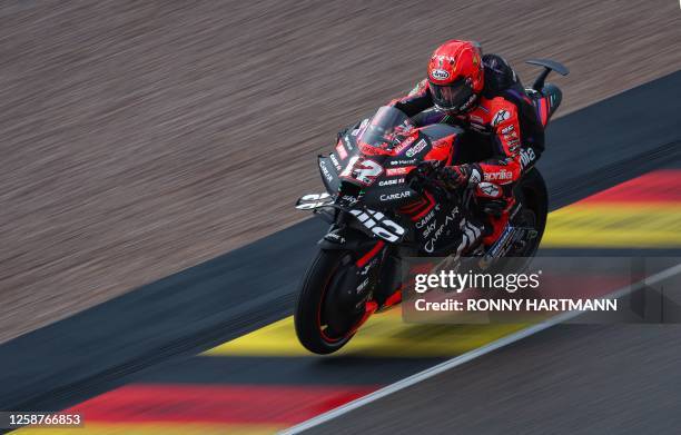 Aprilia Racing Team's Spanish rider Maverick Vinales steers his motorbike during the qualifying session for the MotoGP German motorcycle Grand Prix...