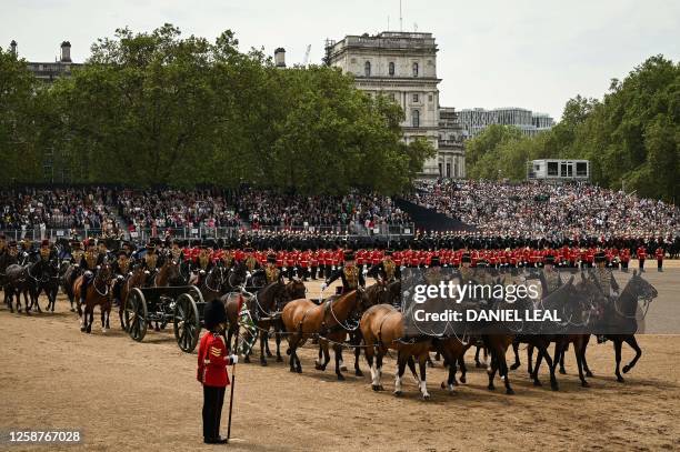 Members of the King's Troop Royal Artillery perform on Horse Guards Parade for the King's Birthday Parade, 'Trooping the Colour', in London on June...