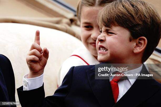 Prince Louis and Princess Charlotte during the Trooping the Colour ceremony at Horse Guards Parade, central London, as King Charles III celebrates...