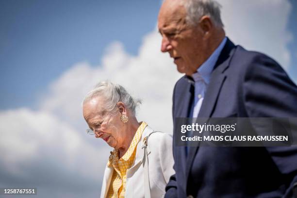 Denmark's Queen Margrethe II and King Harald V of Norway visit Sagnlandet Lejre near Roskilde, Denmark, on June 17, 2023. The Norwegian royal couple...