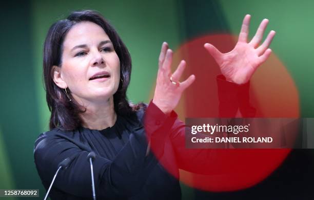 German Foreign Minister Annalena Baerbock delivers a speech during a party rally of The Greens in Bad Vilbel near Frankfurt am Main, Germany, on June...