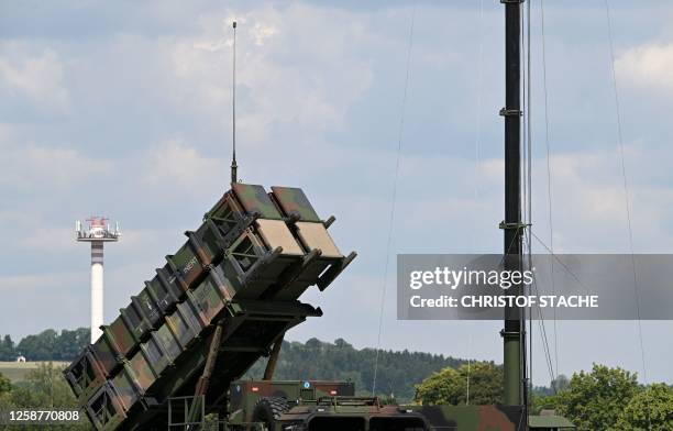 The launcher system of the PATRIOT surface-to-air missile system is pictured at the military base of Kaufbeuren, southern Germany, during an Open Day...