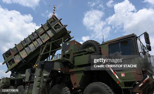 The launcher system of the PATRIOT surface-to-air missile system is pictured at the military base of Kaufbeuren, southern Germany, during an Open Day...