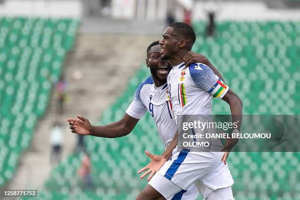Central African Republic's Geoffrey Kondogbia celebrates his goal with teammates during the second leg of the 2023 Africa Cup of Nations Group E...