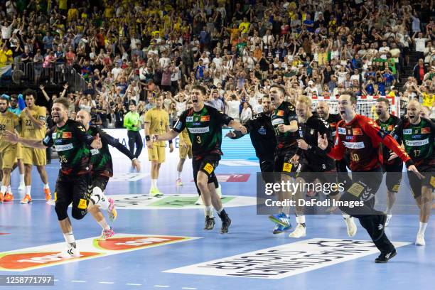 The Magdeburg players celebrate reaching the final after the EHF FINAL4 Men Champions League semi final match between SC Magdeburg and Barca at...