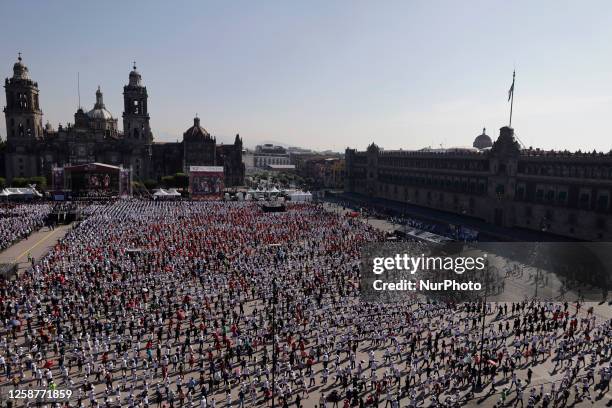 Panoramic view of a Massive Boxing Class in Mexico City's Zocalo, organized by the government of the capital and the Instituto del Deporte.