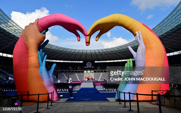 An inflatable logo forming a gate through which the athletes will proceed is seen in the Olympic Stadium prior to the opening ceremony of the Special...