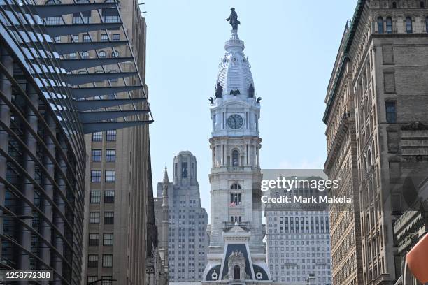 General view of Philadelphia City Hall beside the Convention Center where union workers gather before U.S. President Joe Biden addresses union...