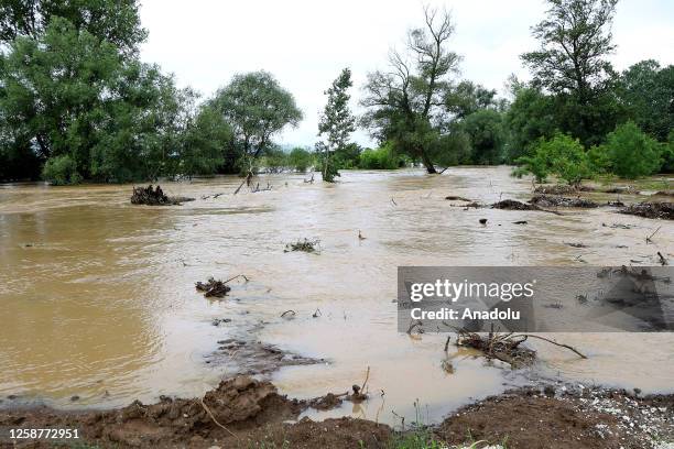 View of a flooded site as a result of the overflowing river due to the heavy rain in Nis, Serbia on June 17, 2023. A state of emergency was declared...