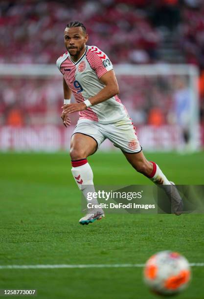 Martin Braithwaite of Denmark controls the ball during the UEFA EURO 2024 qualifying round group H match between Denmark and Northern Ireland at...