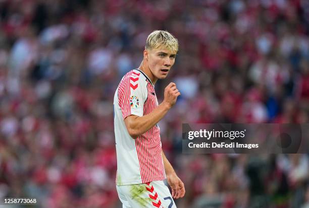 Rasmus Hoejlund of Denmark looks on during the UEFA EURO 2024 qualifying round group H match between Denmark and Northern Ireland at Parken Stadium...