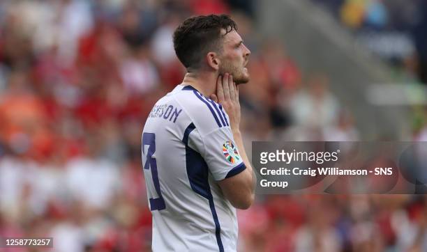 Scotland's Andy Robertson looks dejected during a UEFA Euro 2024 Qualifier match between Norway and Scotland at the Ullevaall Stadion, on June 17 in...