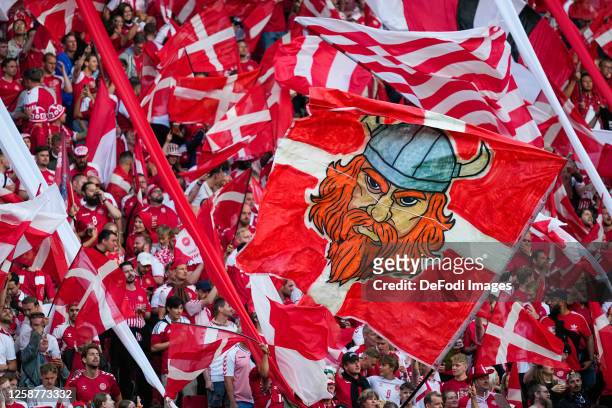 Danish fans prior to the UEFA EURO 2024 qualifying round group H match between Denmark and Northern Ireland at Parken Stadium on June 16, 2023 in...