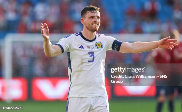 Scotland's Andy Robertson at full time during a UEFA Euro 2024 Qualifier match between Norway and Scotland at the Ullevaall Stadion, on June 17 in...