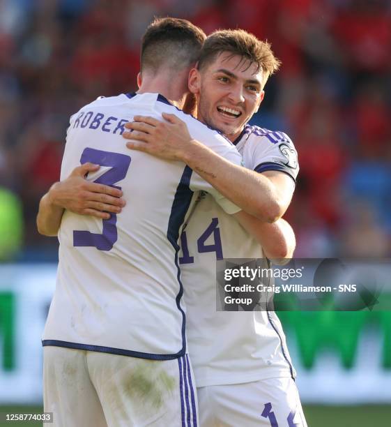 Scotland's Andy Robertson and Billy Gilmour at full time during a UEFA Euro 2024 Qualifier match between Norway and Scotland at the Ullevaall...