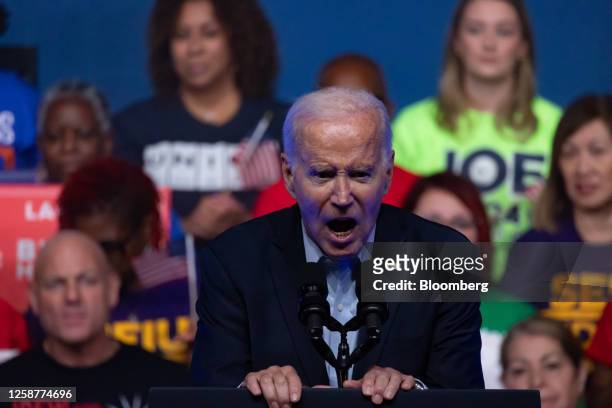 President Joe Biden speaks during a union labor rally in Philadelphia, Pennsylvania, US, on Saturday, June 17, 2023. The campaign kickoff rally is a...
