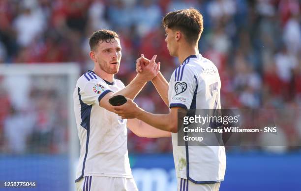 Scotland's Andy Robertson and Aaron Hickey at full time during a UEFA Euro 2024 Qualifier match between Norway and Scotland at the Ullevaall Stadion,...