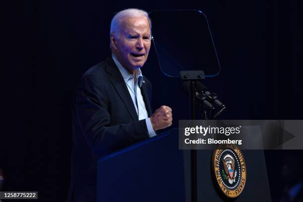 President Joe Biden speaks during a union labor rally in Philadelphia, Pennsylvania, US, on Saturday, June 17, 2023. The campaign kickoff rally is a...