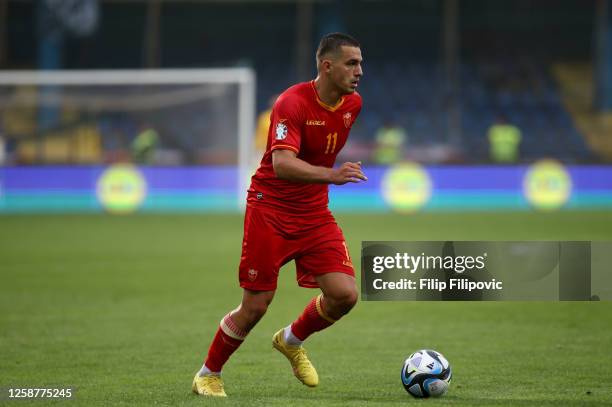Nikola Krstovic of Montenegro during the UEFA EURO 2024 qualifying round group D match between Montenegro and Hungary at Podgorica City Stadium on...
