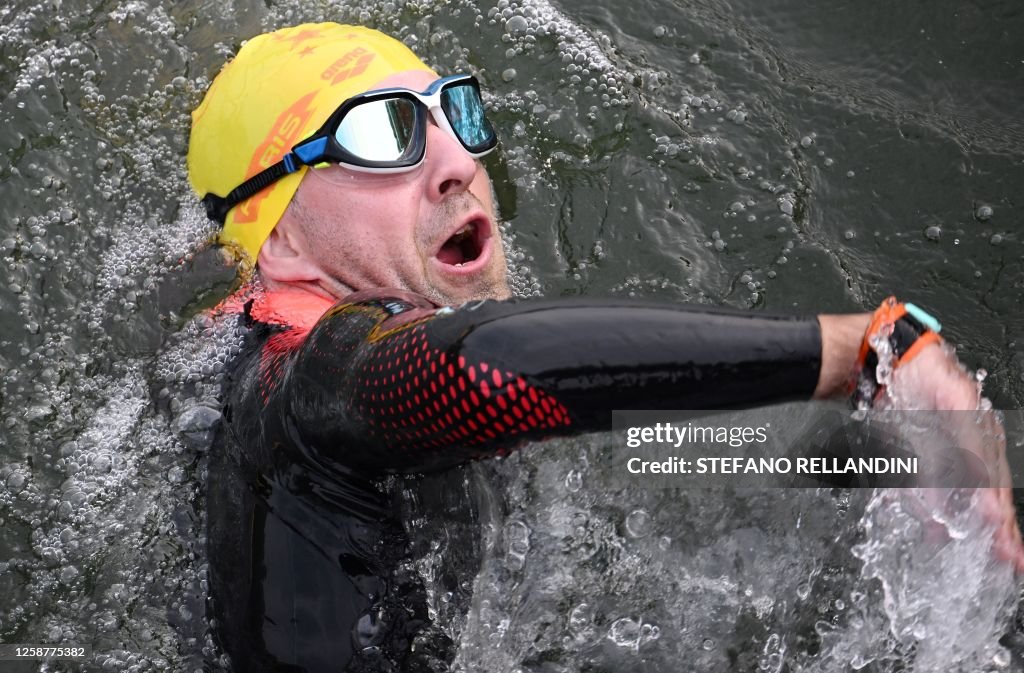 Swem Racetrack A swimmer competes during the Open Swim Stars 2023 5kms race in the ...