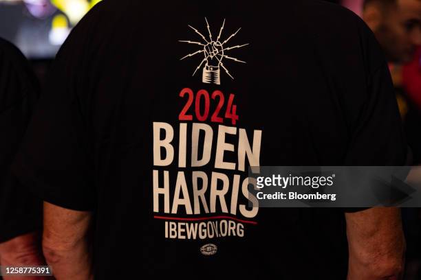An attendee wears a shirt supporting US President Joe Biden and US Vice President Kamala Harris during a union labor rally in Philadelphia,...