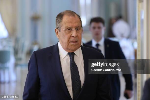 Russian foreign minister Sergei Lavrov enters the hall during a meeting with African leaders at the Konstantin Palace in Strelna on June 17, 2023 in...