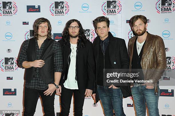 Musicians Matthew Followill, Jared Followill, Caleb Followill and Nathan Followill of Kings Of Leon attend the MTV Europe Music Awards 2010 at La...