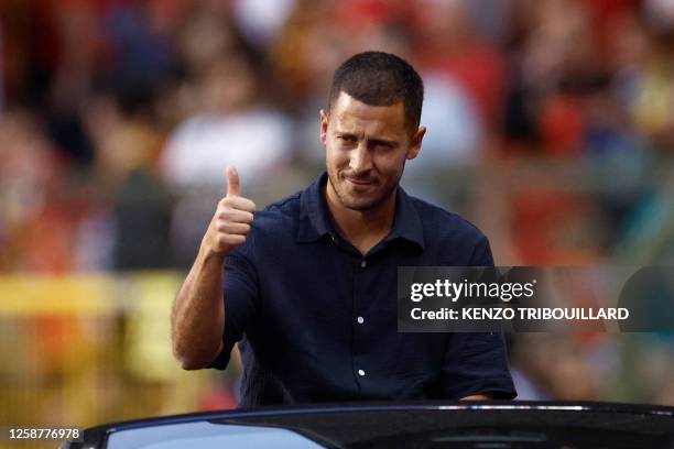 Former Red Devils captain Eden Hazard greets fans during a ceremony for the end of his career with the Belgian national team Red Devils, prior to the...