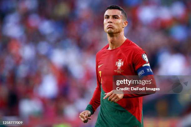 Cristiano Ronaldo of Portugal gestures during the UEFA EURO 2024 qualifying round group J match between Portugal and Bosnia Herzegovina at Estadio...