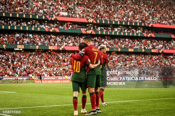 Portugal's midfielder Bernardo Silva celebrates with Portugal's forward Cristiano Ronaldo after scoring a goal during the UEFA Euro 2024 group J...