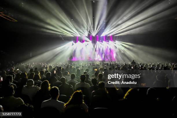 Lead singer Nicolas Reyes performs with the French music band Gipsy Kings live on stage during a concert at Volkswagen Arena in Istanbul, Turkiye on...