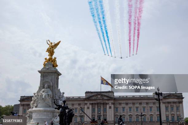 The Red Arrows are seen flying pass the Buckingham Palace as the end of the Trooping the Colour. King Charles leads his first Trooping the Colour in...