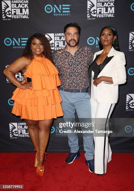 Brely Evans, Jeff Marchelletta and Denise Boutte are seen at TV One's "A Mother's Intuition" screening during the American Black Film Festival at...
