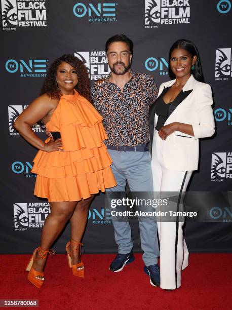 Brely Evans, Jeff Marchelletta and Denise Boutte are seen at TV One's "A Mother's Intuition" screening during the American Black Film Festival at...