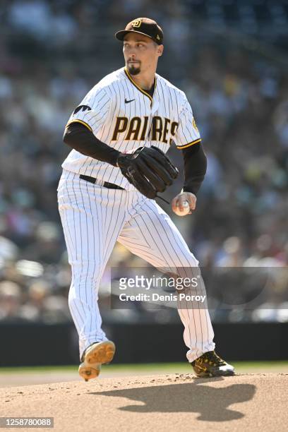 Blake Snell of the San Diego Padres pitches during the first inning of a baseball game against the Tampa Bay Rays June 17, 2023 at Petco Park in San...