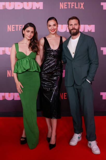 Alia Bhatt, Gal Gadot and Jamie Dornan attend the Netflix's Tudum: A Global Fan Event 2023 at Fundação Bienal de São Paulo on June 17, 2023 in Sao...