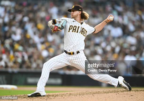 Josh Hader of the San Diego Padres pitches during the ninth inning of a baseball game against the Tampa Bay Rays on June 17, 2023 at Petco Park in...