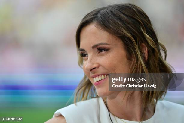 French journalist and TV host Isabelle Ithurburu during the Top 14 Finale Rugby match between Toulouse and la Rochelle at Stade de France in...