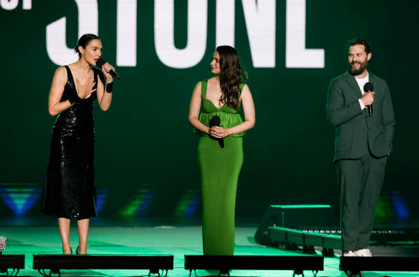 Gal Gadot, Alia Bhatt and Jamie Dornan speak during Netflix's Tudum: A Global Fan Event 2023 at Fundação Bienal de São Paulo on June 17, 2023 in Sao...