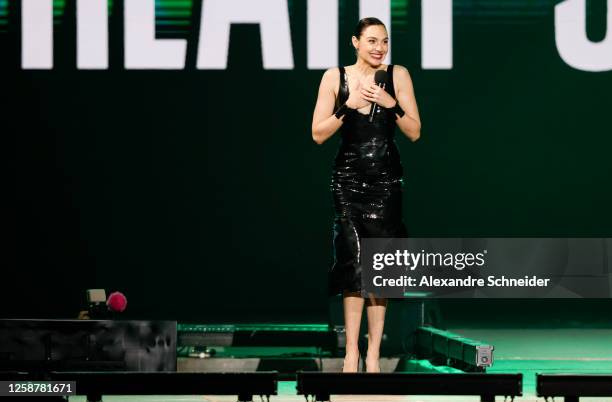 Gal Gadot speaks to the audience during the Netflix's Tudum: A Global Fan Event 2023 at Fundação Bienal de São Paulo on June 17, 2023 in Sao Paulo,...