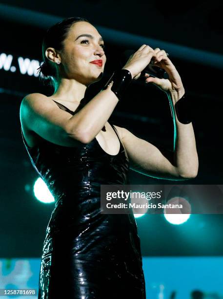 Gal Gadot smiles to the audience during the Netflix's Tudum: A Global Fan Event 2023 at Fundação Bienal de São Paulo on June 17, 2023 in Sao Paulo,...