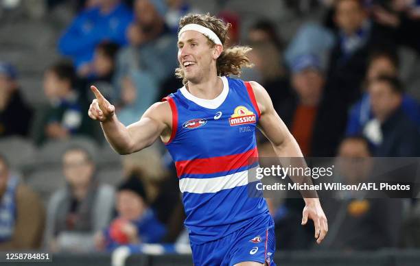 Aaron Naughton of the Bulldogs celebrates during the 2023 AFL Round 14 match between the North Melbourne Kangaroos and the Western Bulldogs at Marvel...