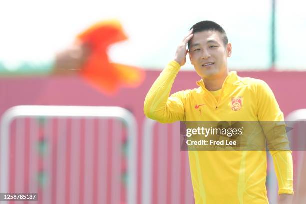 Wu Lei of China in action during a training session ahead of an international friendly match against Palestine at Dalian Barracuda Bay Professional...