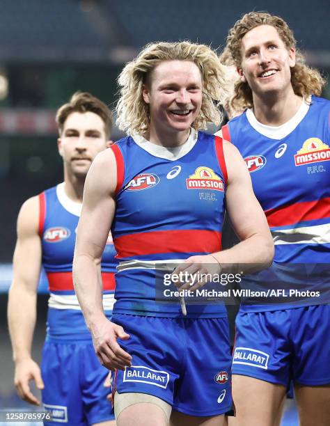 Cody Weightman of the Bulldogs celebrates during the 2023 AFL Round 14 match between the North Melbourne Kangaroos and the Western Bulldogs at Marvel...