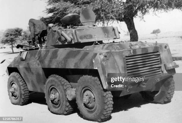 Picture released on February 20, 1986 of a military vehicule after an air raid carried out by French aircraft in 1986 on the Ouadi Doum Libyan...